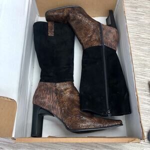 Proxy Two Tone Brown Black Side Zip Heeled Boots Mobwife Subtle Animal Print 8M